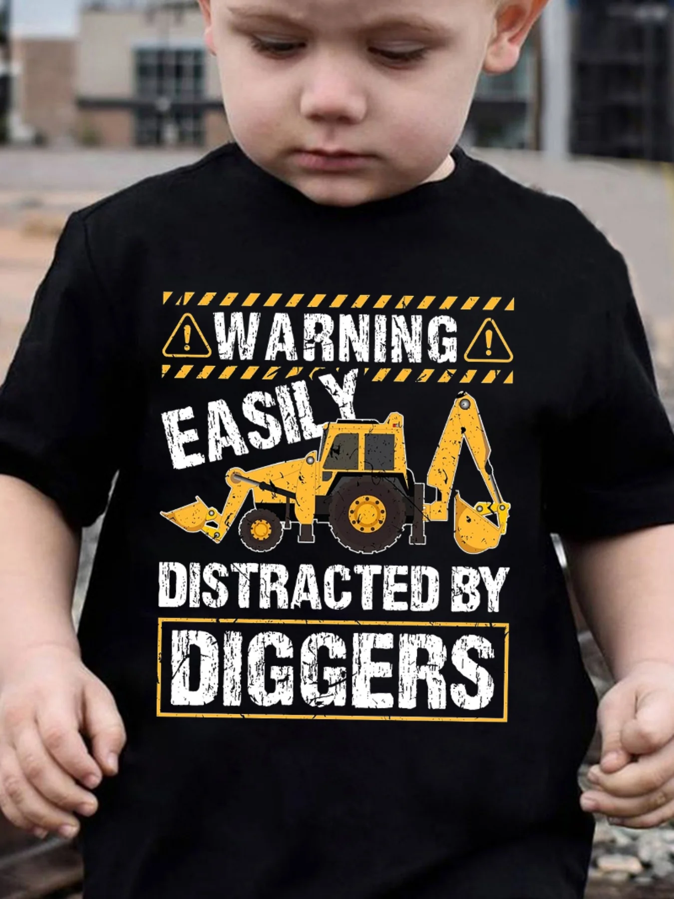 Summer Children's Fashion Short Sleeve Warning EASILY DISTRACTED BY DIGGERS Excavator Element Printed Outdoor Casual Top