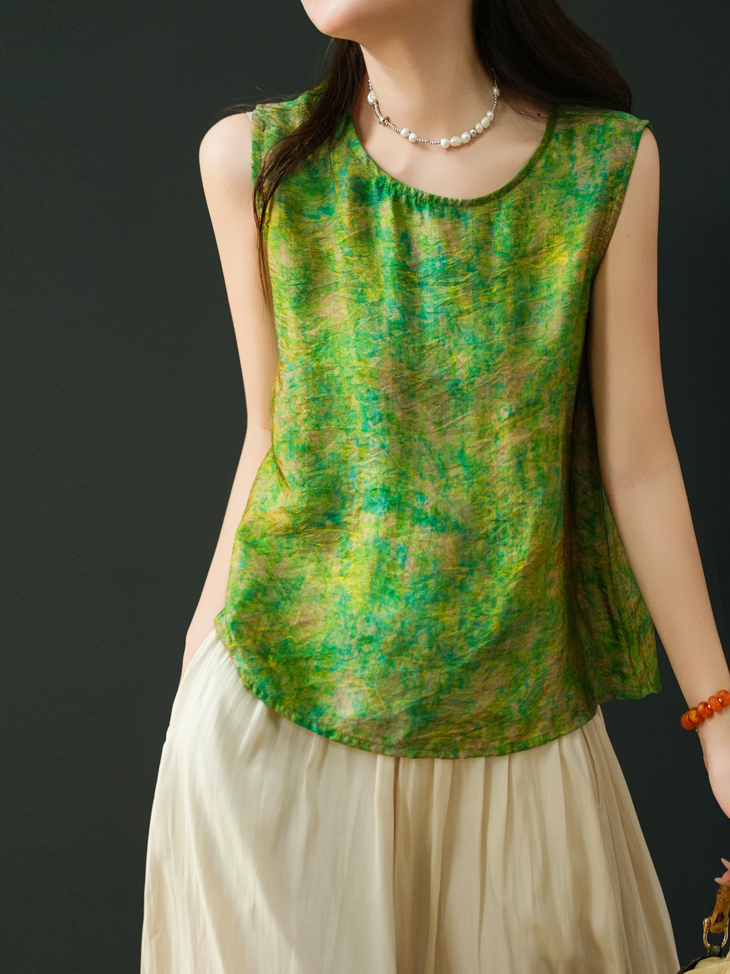 Small Ear Production Heavyweight Silk Back Single Button Gradient Printing Casual Loose Fit Women's Sleeveless Top T7382