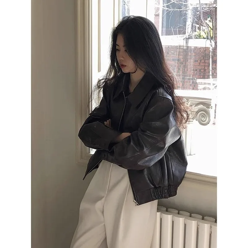 2025 New Style Short Brown Leather Jacket for Women Popular for Short People and Vintage Motorcycle Temperament