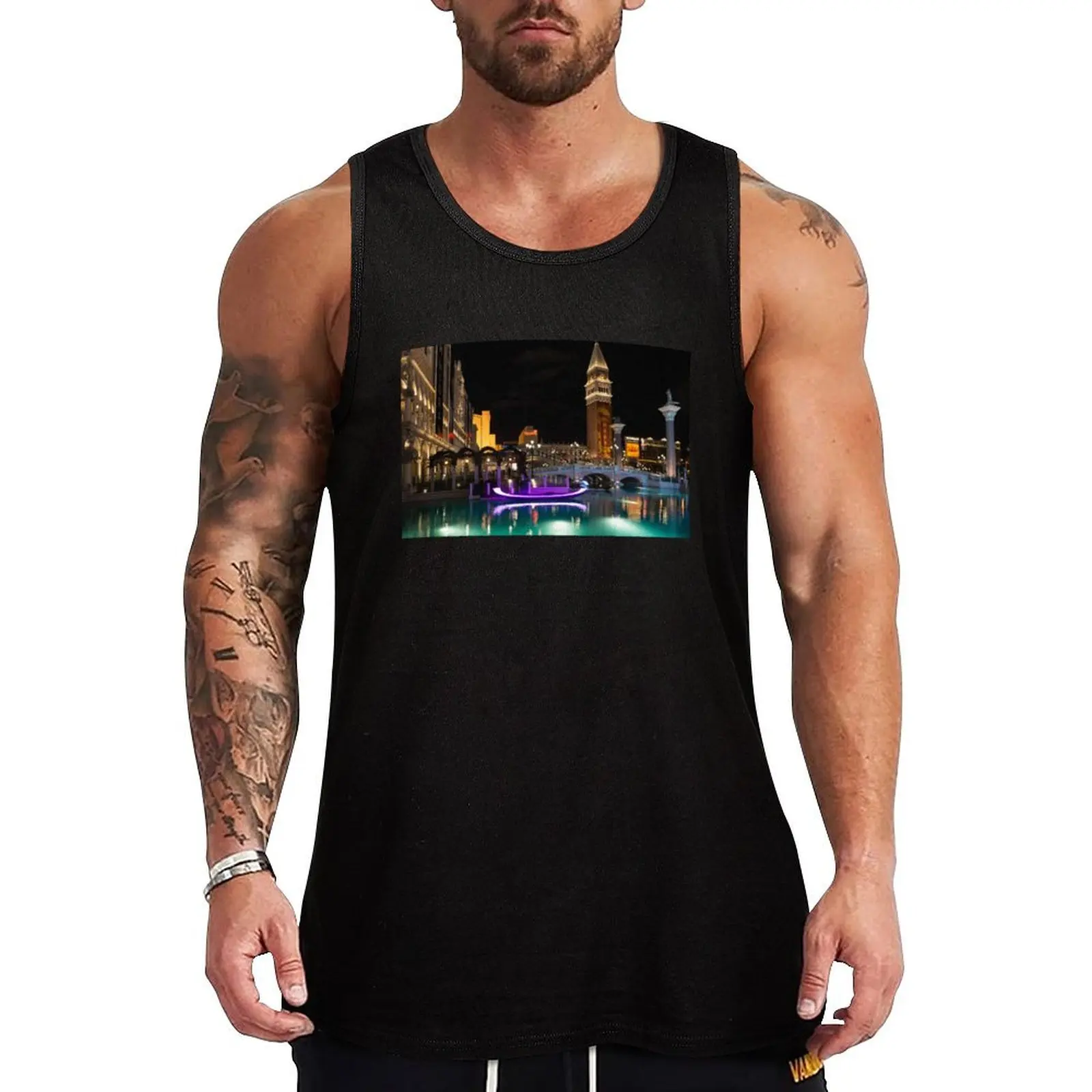 

Lighting Up the Night in Neon - Colorful Canals and Gondolas at the Venetian Las Vegas Tank Top men clothing Sleeveless top