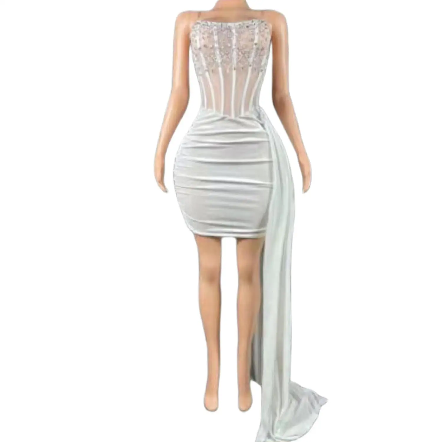 Tiaoma Womens Luxury Rhinestone Sheer Mesh Corset Mini Dress Spaghetti Strap Black Velvet Side Train Party Evening Prom Gown - view 5