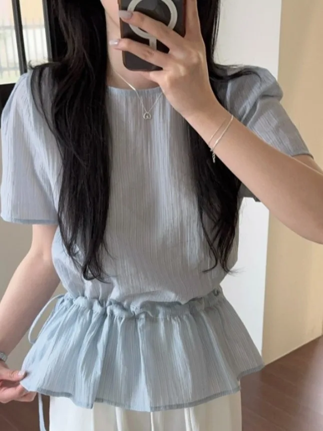 Cute ort Sve irt Women's Chic Summer New Dstring Waist Slimming Design Fren Top Quali Material Premium Knitwear