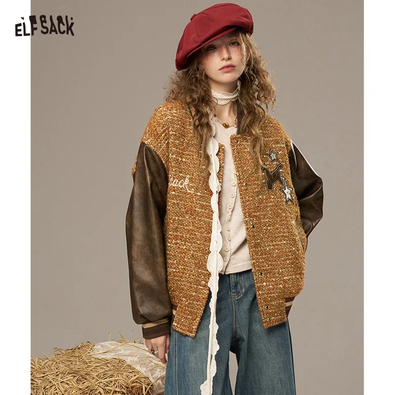 

ELFSACK 2025 Autumn New Arrivals Casual Wool Blend Leather Patch Cartoon Embroidery Baseball Jacket For Woman