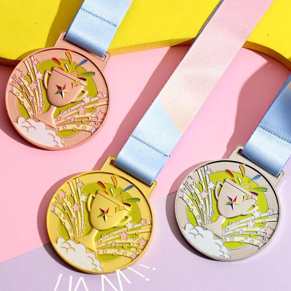 1Pc Durable Gold Silver Bronze Children's Metal Medals 65mm with Neck Ribbon Competition Medals Award Medals for Competitions