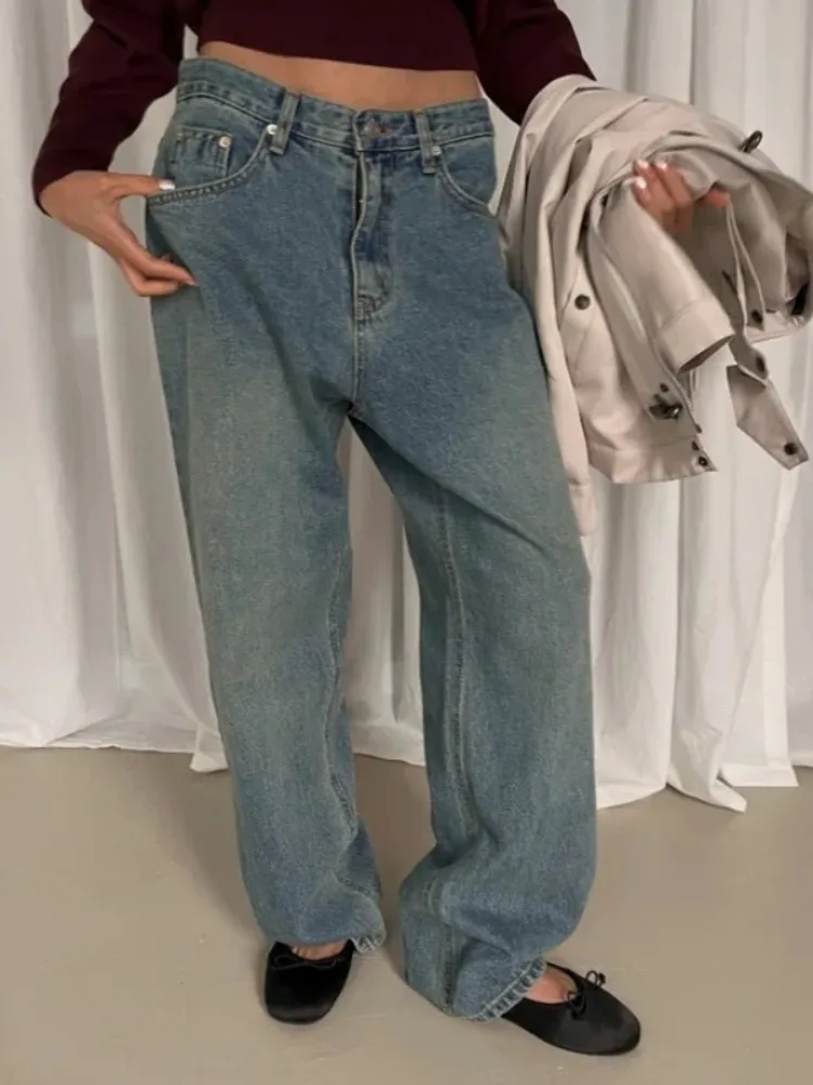 Thickened Warm Fleece High Waist Long Leg Jeans Korean Style Regular Fit Spring Autumn Winter Women's Casual Fashion
