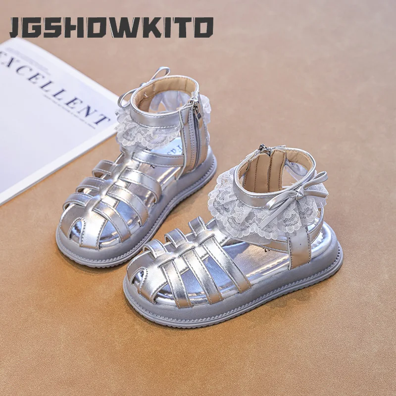 

JGSHOWKITO Children Lace Roman Sandals Summer Princess Ruffled Edge Girls High-top Gladiator Sandals Causal Kids Beach Sandals