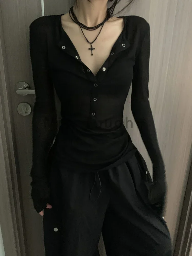 Customization Korean Chic Design Long Sleeved Tops Women Sexy V-neck Slim Hot Girl Button T-shirt Solid Spring Autumn Y2k