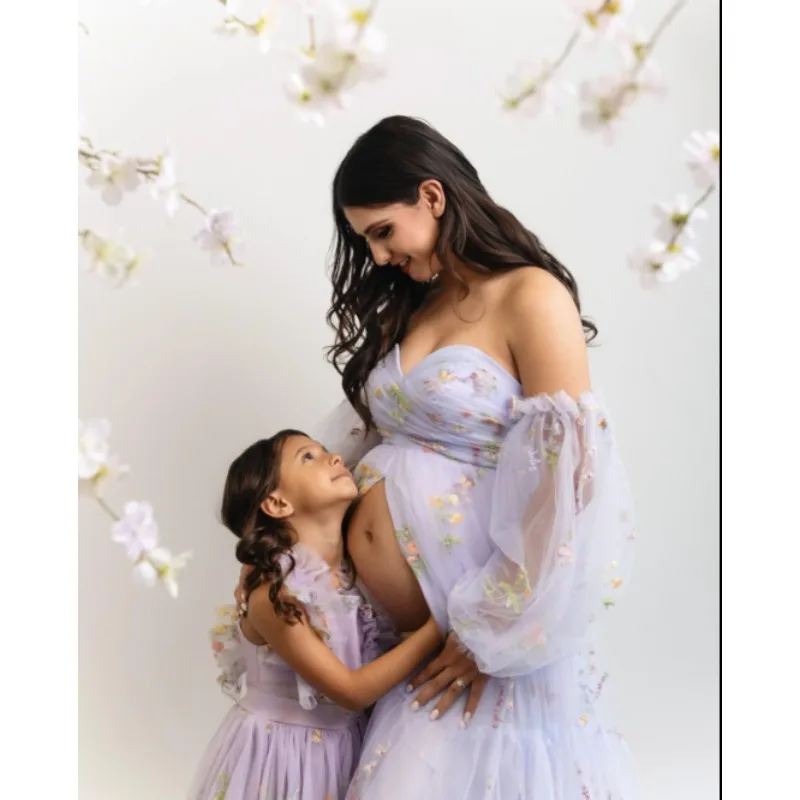 Mother and Daughter Dress - High Slit Gown Embroidery - Puffy Sleeve Baby Shower Maternity Dresses Photoshoot Vestido Maternidad