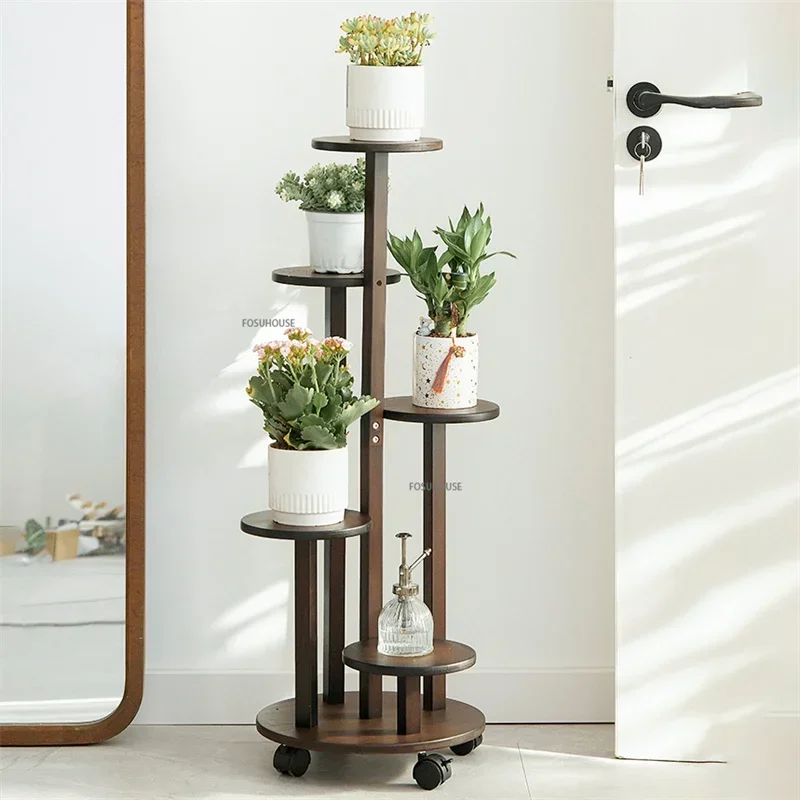 Nordic Bamboo Plant Stand Living Room Floor Multi-layer Flower Shelf with Wheels outdoor Balcony Flower Pot Stand Furniture Z