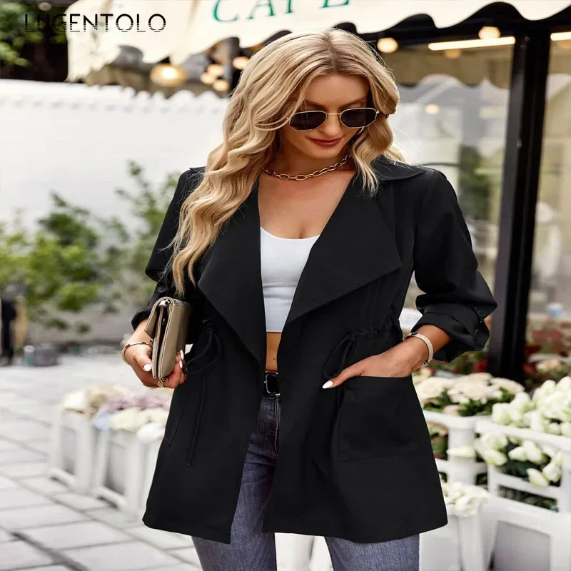 

Women Fashion Trench Autumn New Elegant Cardigan Coats Lady Lapel Pocket Slim Drawstring Street Jackets Lugentolo