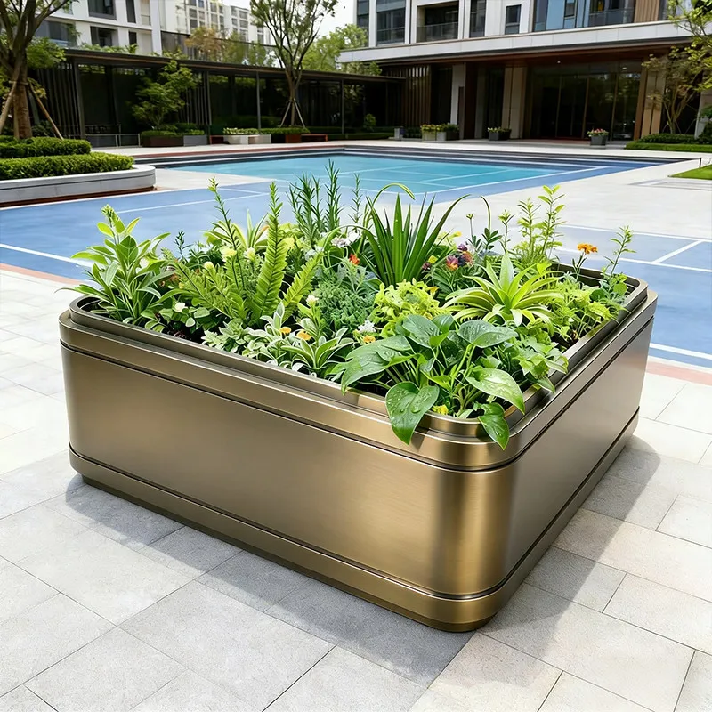 & Outdoor Stainless Steel Planter Box Combination, Custom Metal Flower Trough for Commercial Plaza Hotel Courtyard