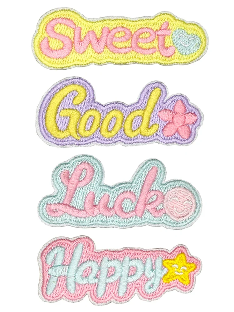 Good Sweet Happy Patches for Clothing Pink Alphabet Towel Embroidery Patches Ironing Appliques Child Women Clothes Name Badges