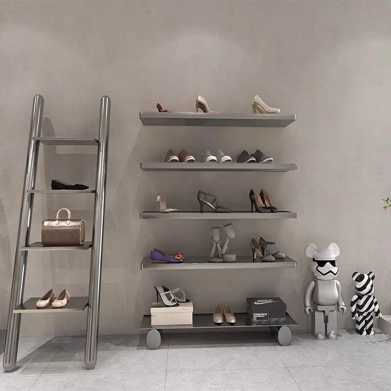 Stainless Steel Wall Display Rack for Shoe Store Multi-Level I-Shaped Partition Shelving Live Streaming Background Bag Organizer