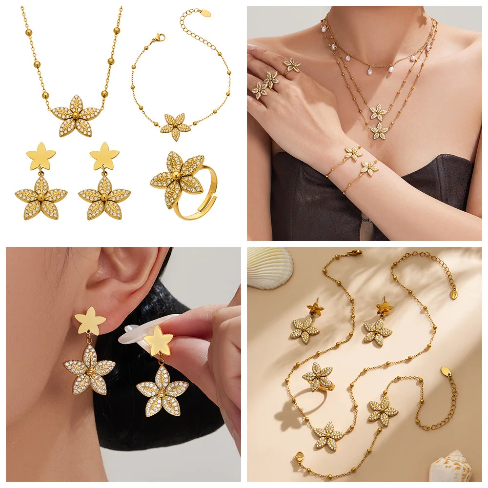 316L Edelstahl Schmuckset: Halskette, Armband, Ring, Ohrringe mit Tulpenblüten, Zirkonia, Pentagramm und Quasten für Damen, Wasserfest – Detail 1