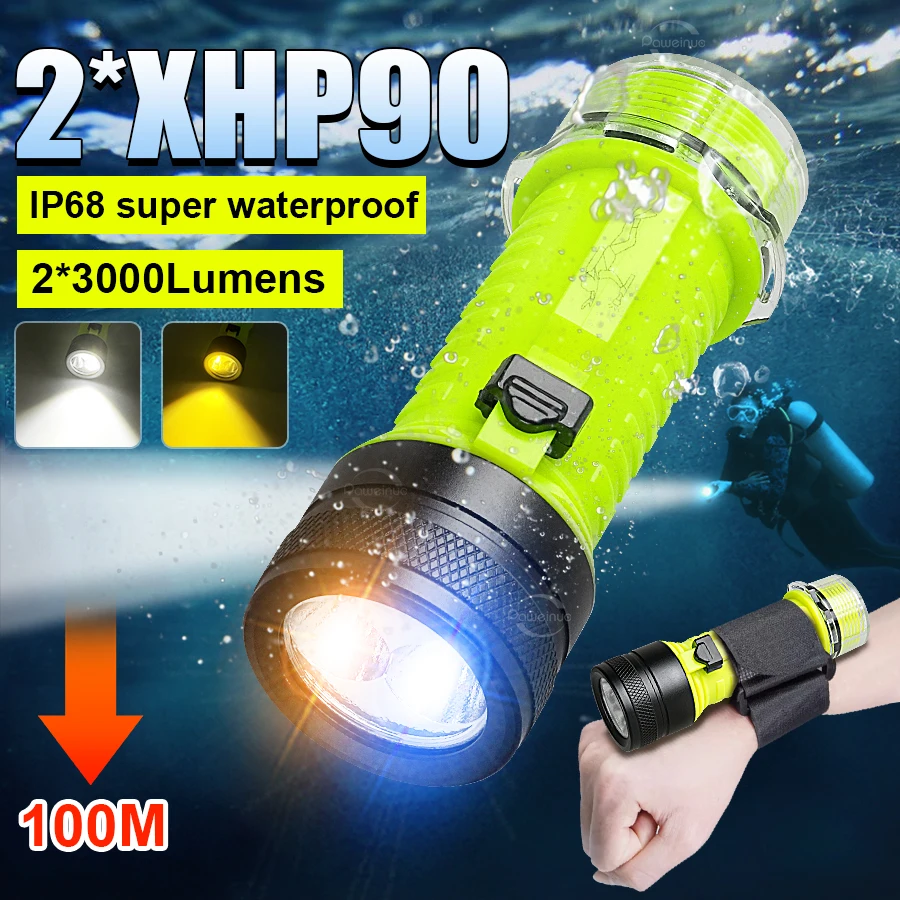 

XHP90 Diving 100m Underwater Lantern White/Yellow Light Scuba Torch Rechargeable Professional Diving Flashlight Super Waterproof