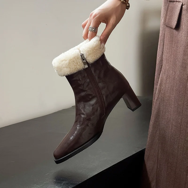 Women Winter Lamb Fur Ankle Boots 31‑46 Large Size Genuine Top Layer Sheepskin Square Toe Chunky Heel Side Zipper Warm Snow G745
