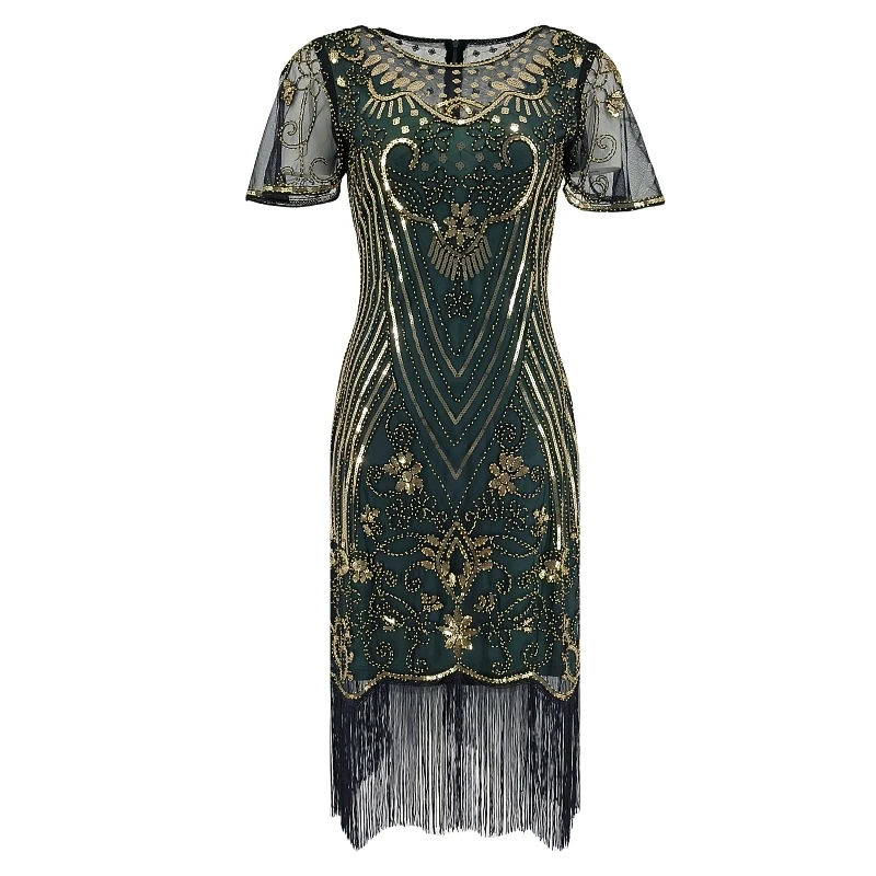 

Flapper Dresses 1920s Gatsby Roaring 20s Sequin Beaded Fringe Dress Crew Neck See-through Themed Party Club Dress