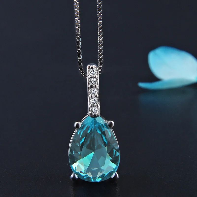 New 925 Sterling Silver Water Drop Blue Necklace Distinctive Geometric Pendant Choker Party Gift for Friends Exquisite Jewelry