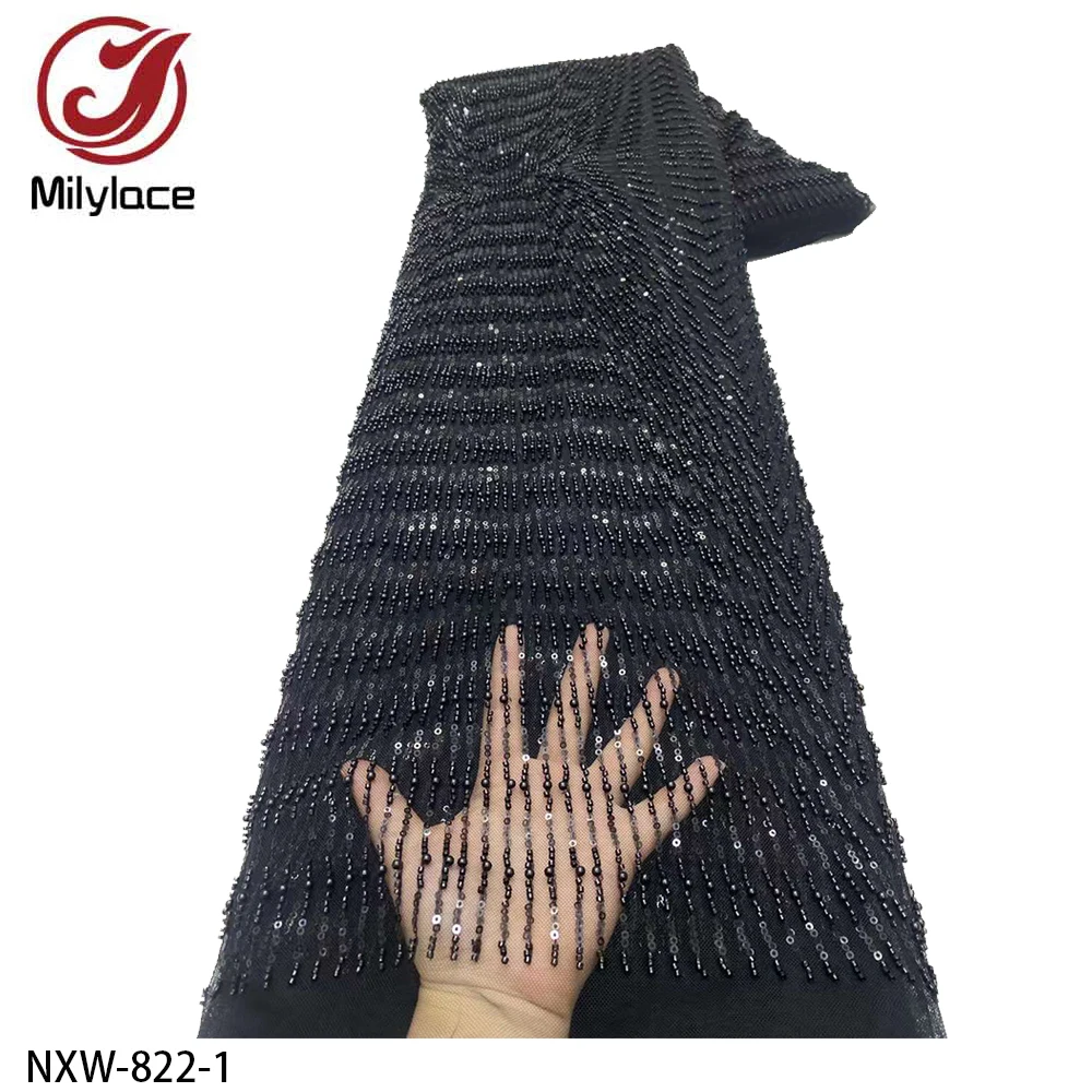 Elegante Stickerei schwere Bräutigam Spitze Stoff afrikanischen Tüll Pailletten Spitze Stoff für Hochzeits feier lange Kleid NXW-822