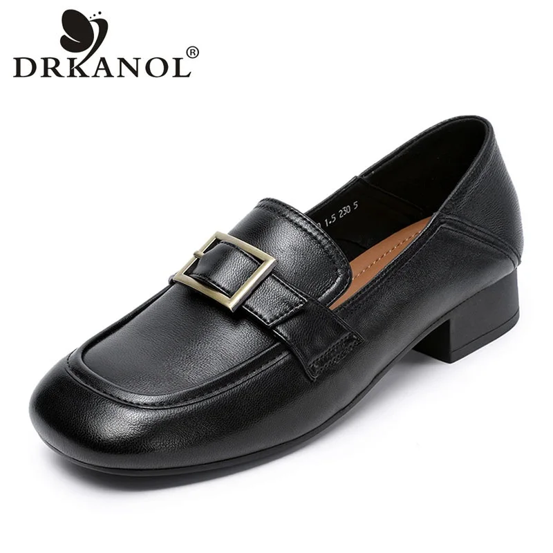 

DRKANOL 2025 Women Low Heel Shoes Slip On Loafers Spring Shallow Square Toed Sheepskin Genuine Leather Commute Casual Shoes Lady