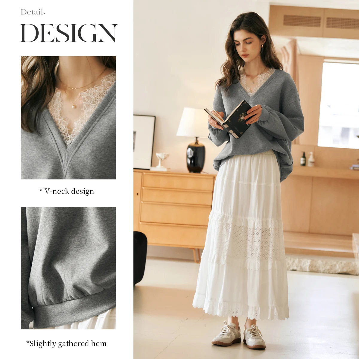 OLrain French V-neck Sweater Women's Spring 2025 New Chic Lace Loose Jumper Thin N57CR95628