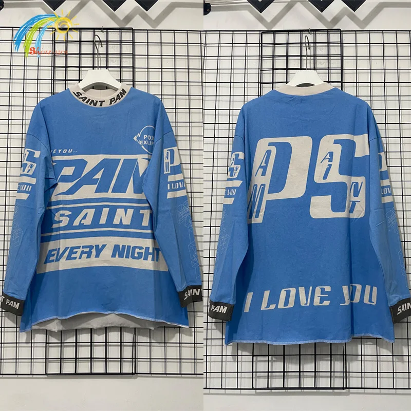 

Men Women Top Quality Cotton Oversized Blue Base T Shirt High Street Vintage Racing Style Saint Long Sleeves SAINT T Shirt Tags