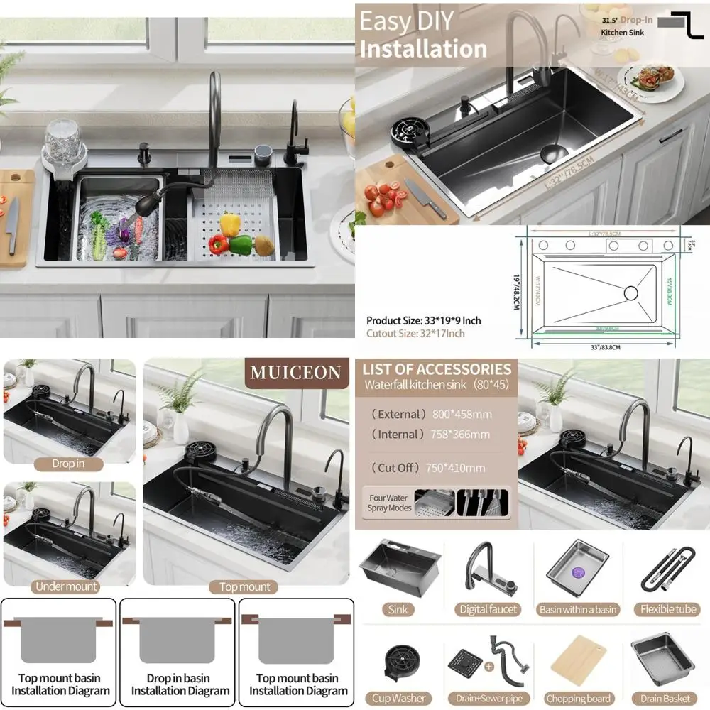 

Stainless Steel Single Bowl Kitchen Sink with Waterfall Edge, 31.5 x 18 x 9 Depth, Digital Workstation
