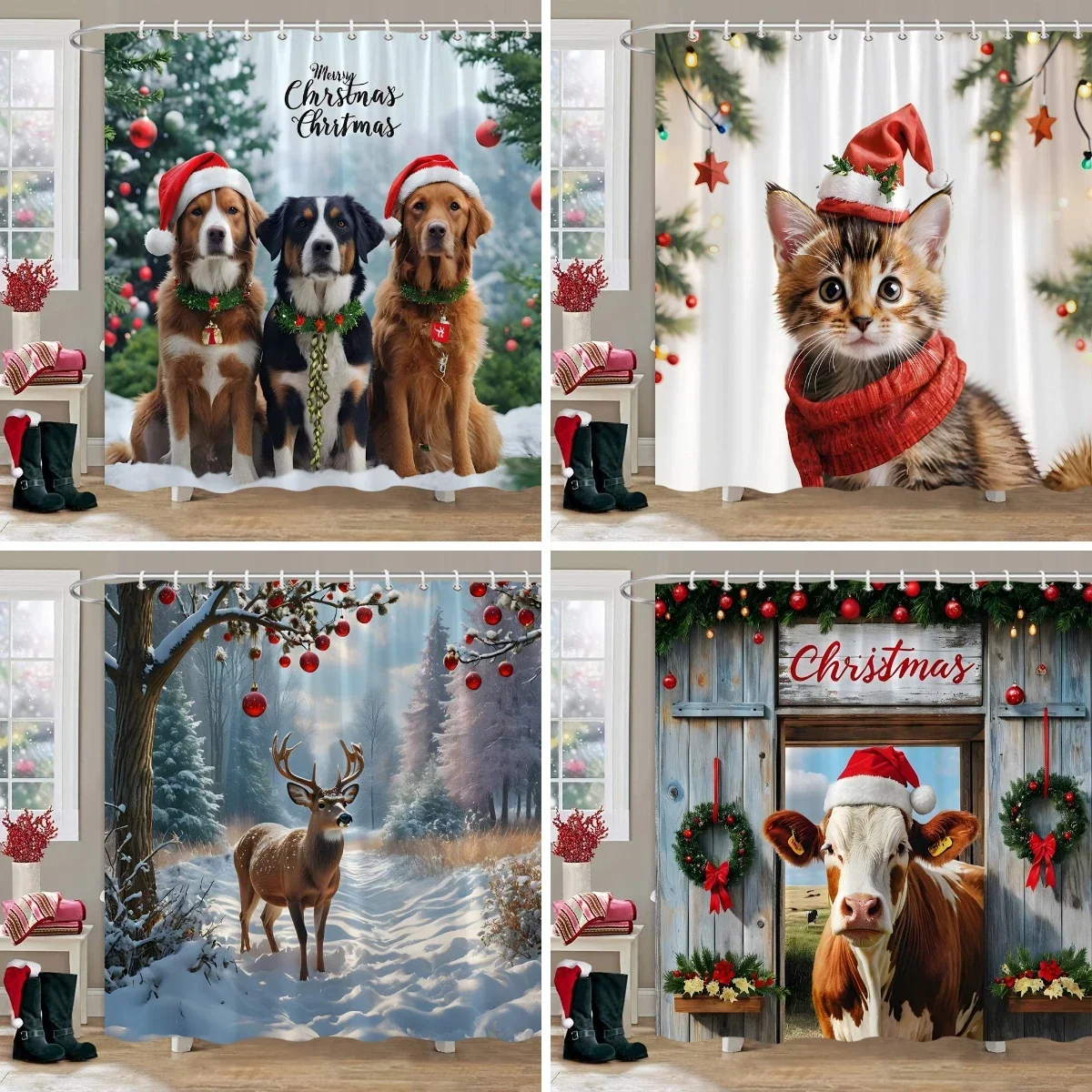 Funny Cat And Dog Christmas Shower Curtain Deer Wearing Christmas Hat Farm Cow Cute Pet Animals Shower Curtains Bathroom Decor