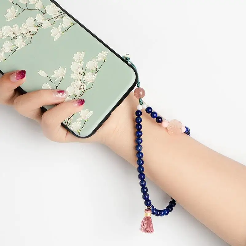Handwoven Ancient Style Lapis Lazuli Short Phone Lanyard Keychain with Wrist Strap Vintage Artistic Crystal Pendant Gift for Her