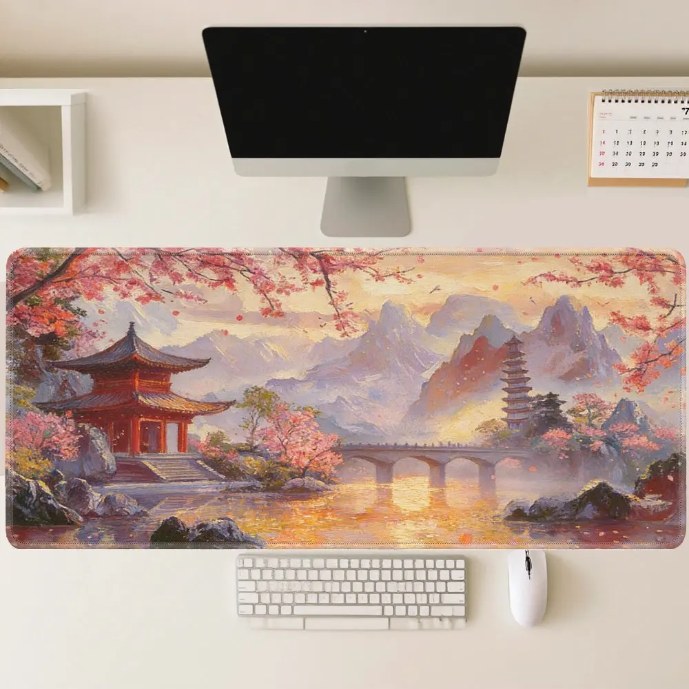 Holiday Gift for Boyfriend Girlfriend Large Office Desk Mouse Pad with Japanese Temple Cherry Blossom Mountain Bridge
