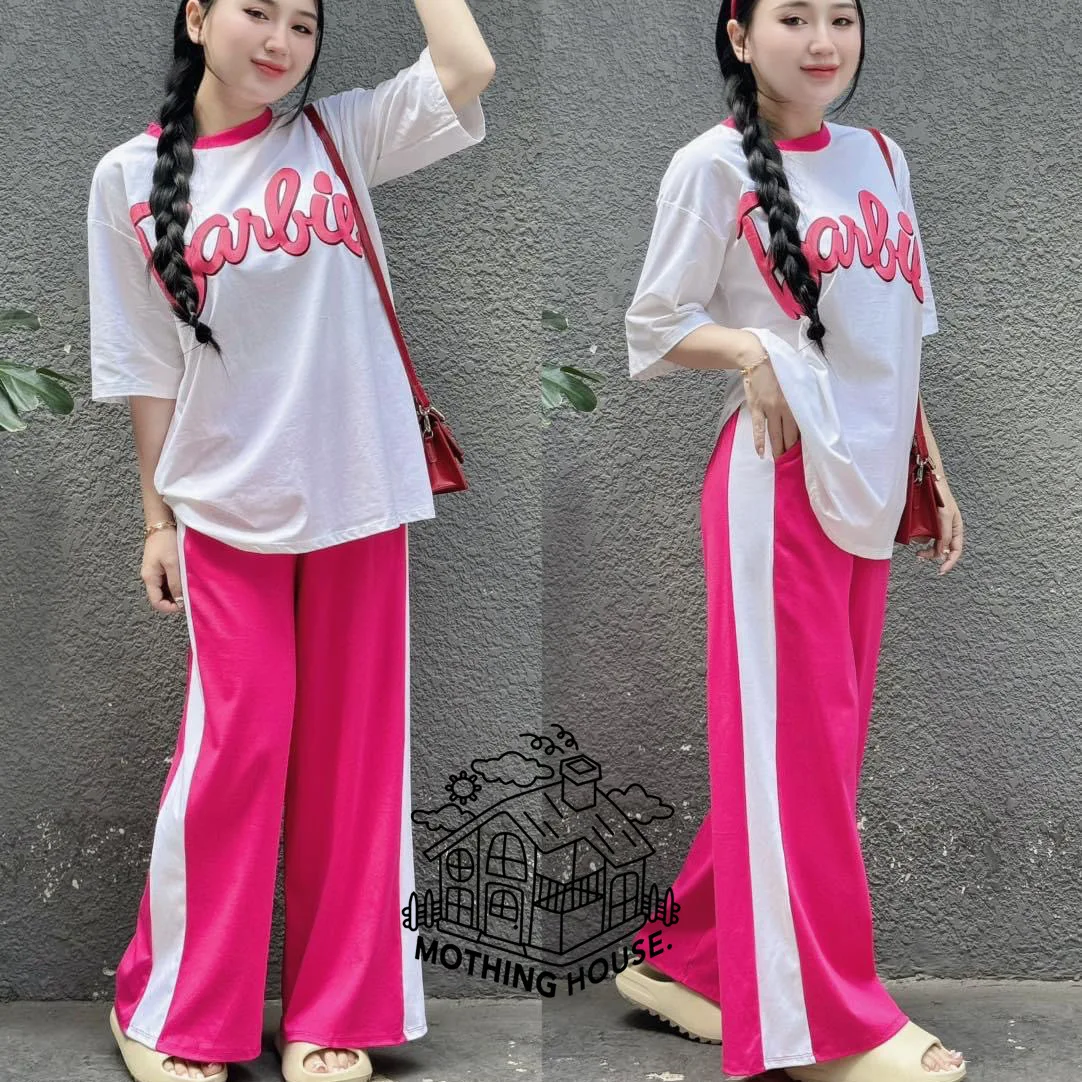 2Pcs Hot Girls Cute Barbie Girls Casual Two Piece Set Cartoon Anime Summer Fashion Loose Short Sleeve Tops Wide Leg Pants