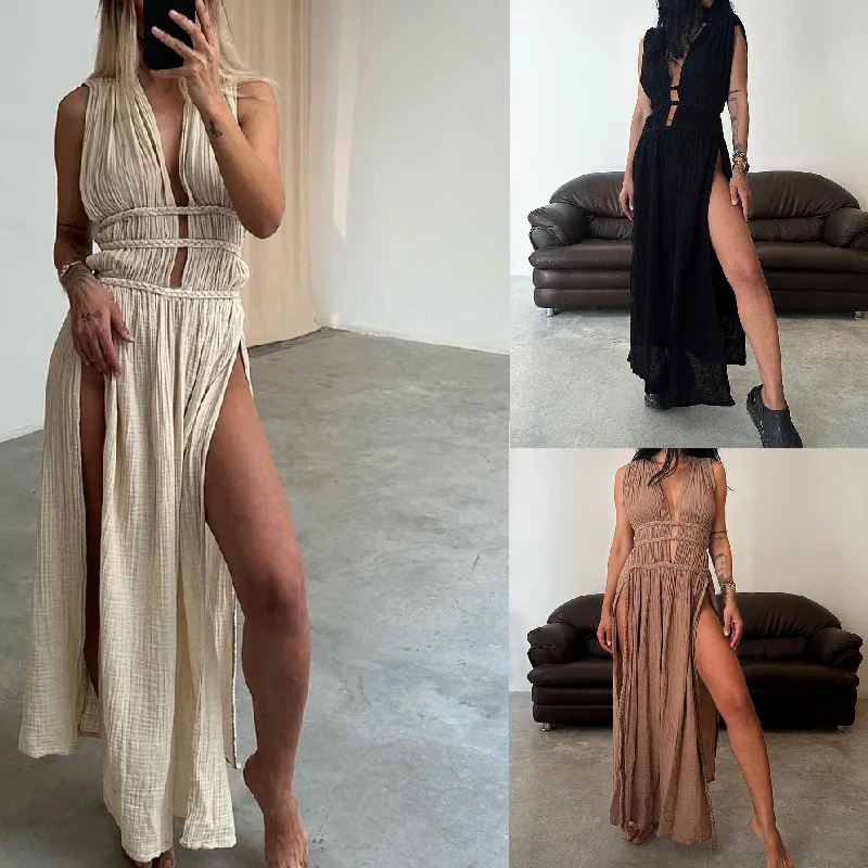 Solid Cotton and Linen Sexy Dress for Women Bohemian Style Camisole Split Holiday Dress Evening Bare Shoulder Party Prom Gowns