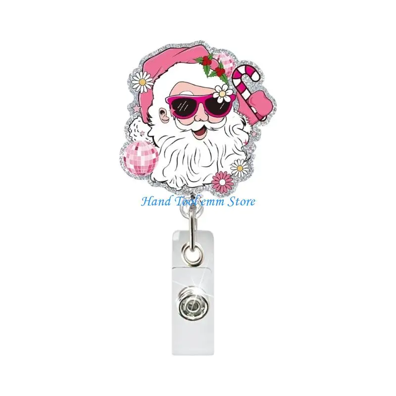 H37F Cartoon Christmas Badge Holder with Metal Belt Clip Retractable ABS Badge Holder