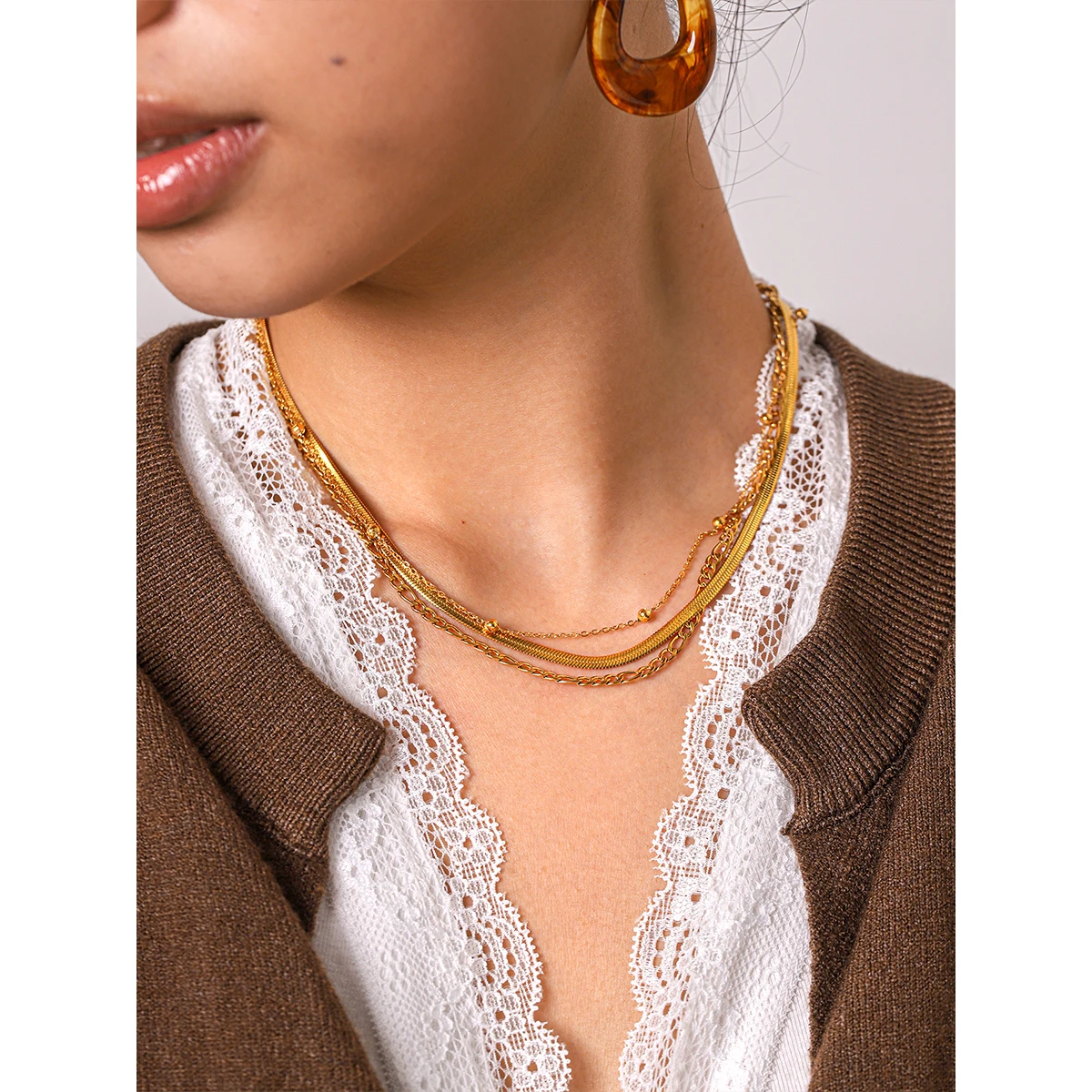 Three layer Blade Figaro Chain Necklace For Women 18K Gold Plated Stainless Steel Tarnish Resistant Waterproof Jewelry Gift