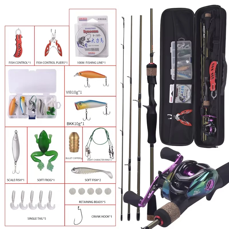 Baitcasting Fishing Rod and Reel Combo Full Set Rod Set with Line Lures Hooks Reel and Fishing Rod Bag Fishing Tackle