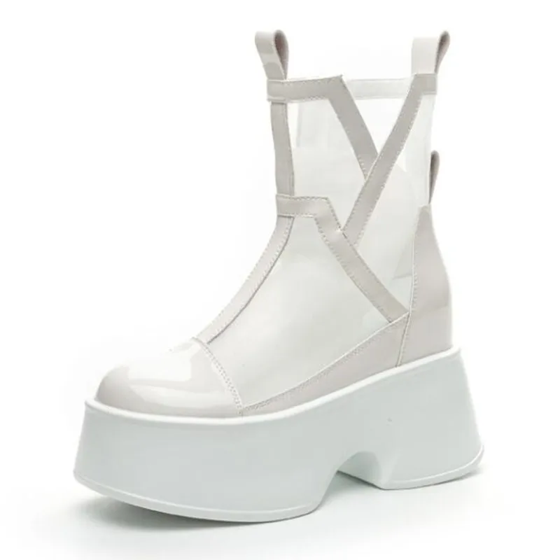 11cm Air Mesh Genuine Leather Synthetic Breathable Platform Chimney Hollow Fashion 2026 Summer Mid Calf Ankle Boots Women Shoes