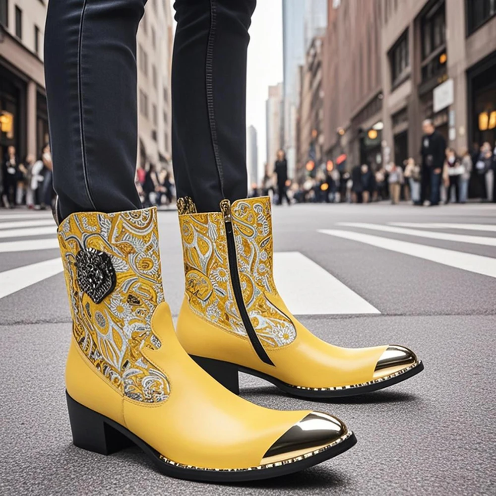 British Metal Pointed Toe Party Club Man Shoes Red Motorcycle Zipper Ankle Boots Plus Size Wedding Party Real Leather Short Boot