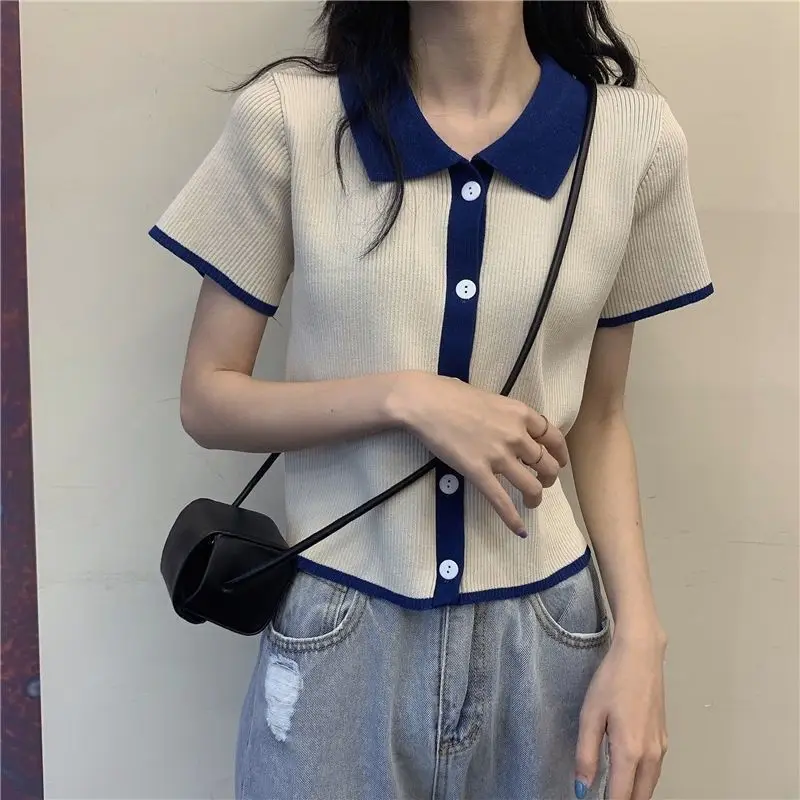 Color Block Hong Kong Style College Preppy Short Sleeve Knitted Open Cardigan Women's Summer 2024 Student Casual  Shirt
