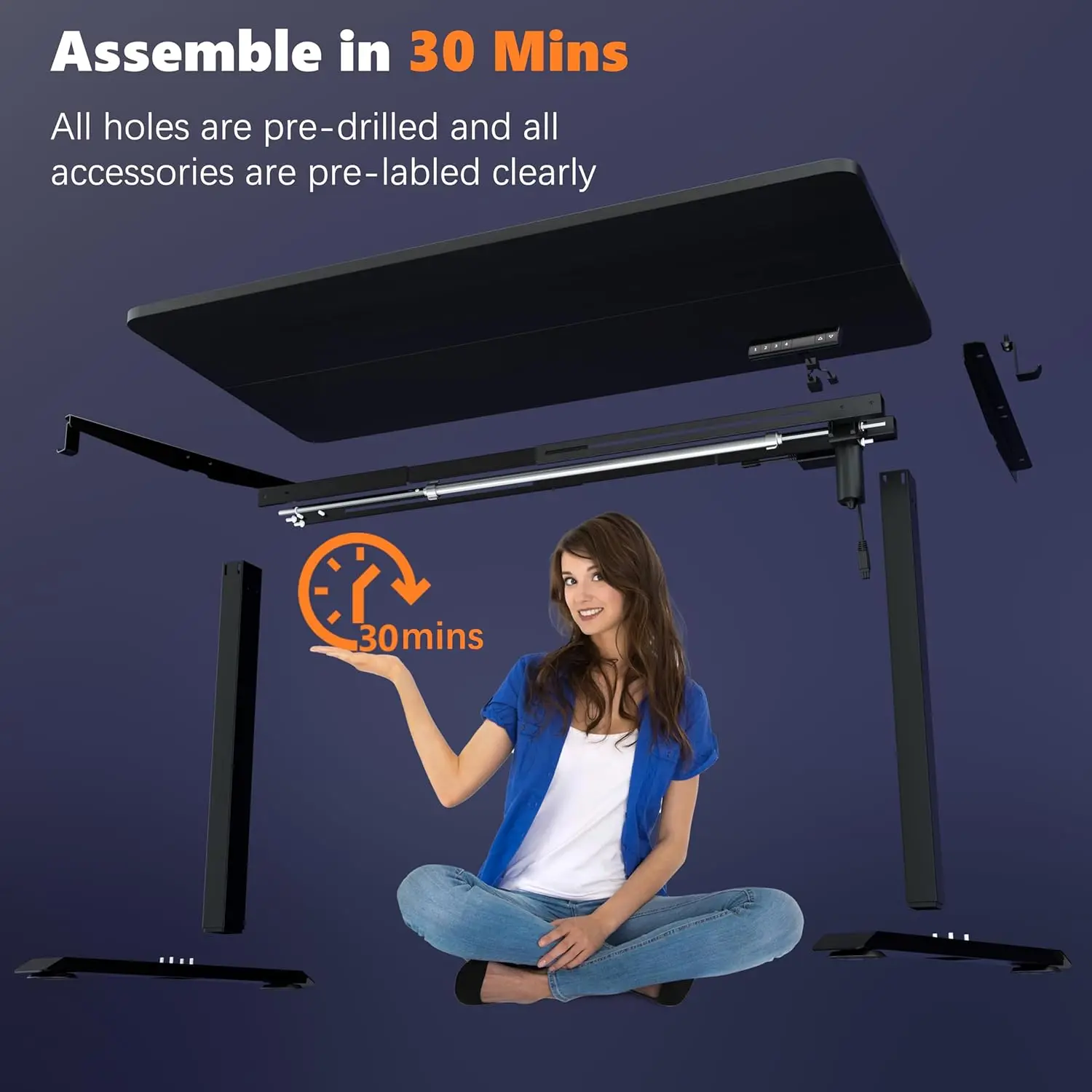 Electric Height Adjustable Standing Desk, 48x24 Inches, Ergonomic Home Office Sit/Stand Up Desk (Black Steel Frame/Black Top)