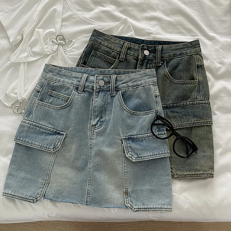 

Retro Cargo Denim Skirts Summer Casual Wrap Hip Distressed Mini Skirt 2024 Women Pockets Short Skirt Streetwear