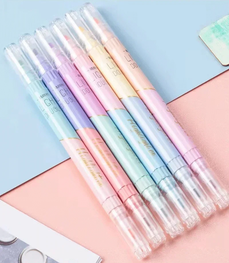 6 Pcs/set Candy Color Double Tip Highlighter Pens Kawaii Cute Manga Markers DIY Journal Pastel Highlighter Set School Supplies