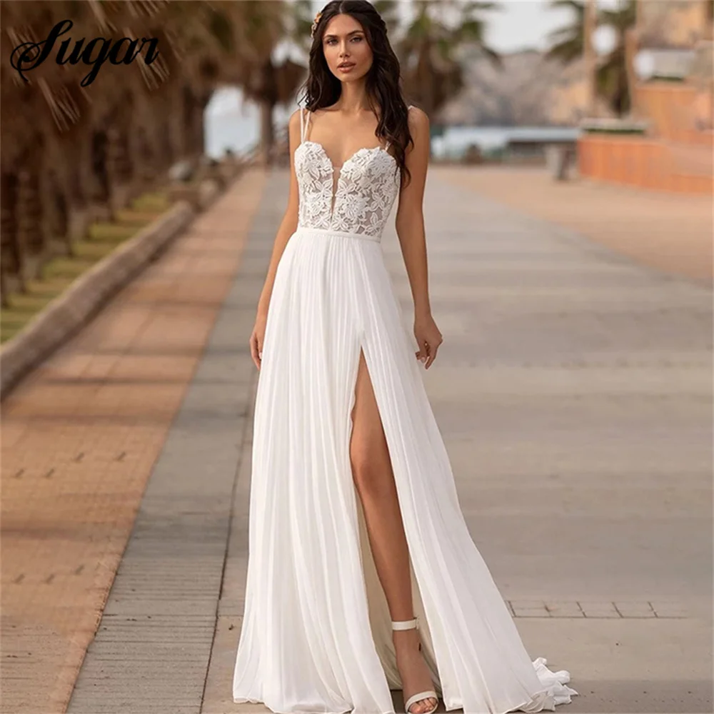 

Boho Chiffon Wedding Gown Spaghetti Straps Lace Appliques Bride Dresses Civil Vestidos De Noiva Mariage Custom Made Floor Length