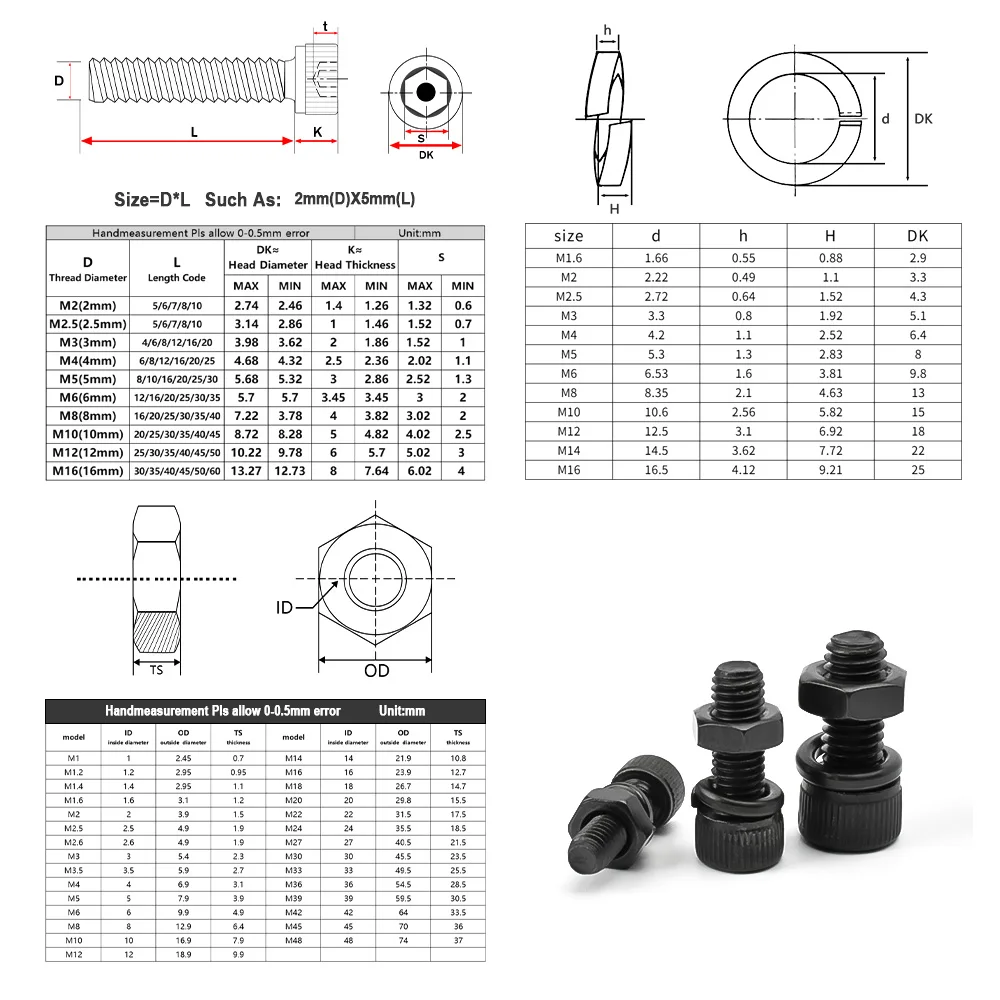 M2M2.5M3M4M5M6M8M10M12M14M16 DIN912 Hex Socket Head Cap Screw Bolt and Nut with Washer 12.9 Grade Carbon Steel Allen Head Screws