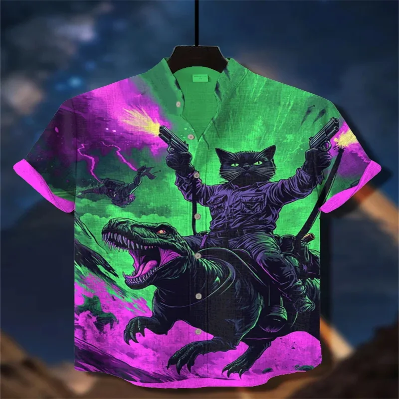 

Stylish Men's Summer Hawaiian Shirt, Retro Calligraphy Cat Dinosaur 3D Print Shirt, Short-Sleeve Casual Beach Shirt, Men's Shirt