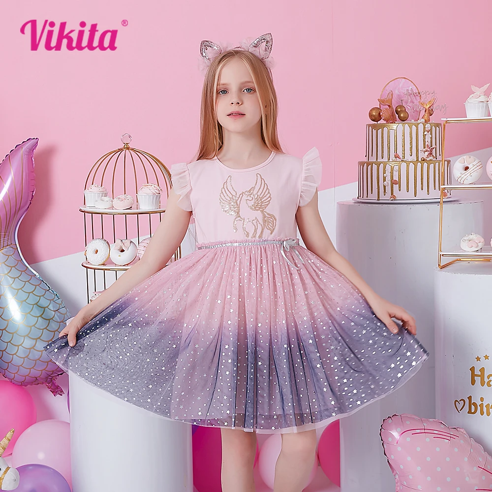 VIKITA Girls Licorne Cartoon Dress Kids Flare Sleeve Summer Dresses Kids Pink Gradient Birthday Party Princess Mesh Tulle Dress