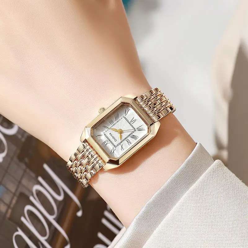 Fashion Classic Women's Square Quartz Watch Anti Allergy Metal Case Roman Number Small Square Watch