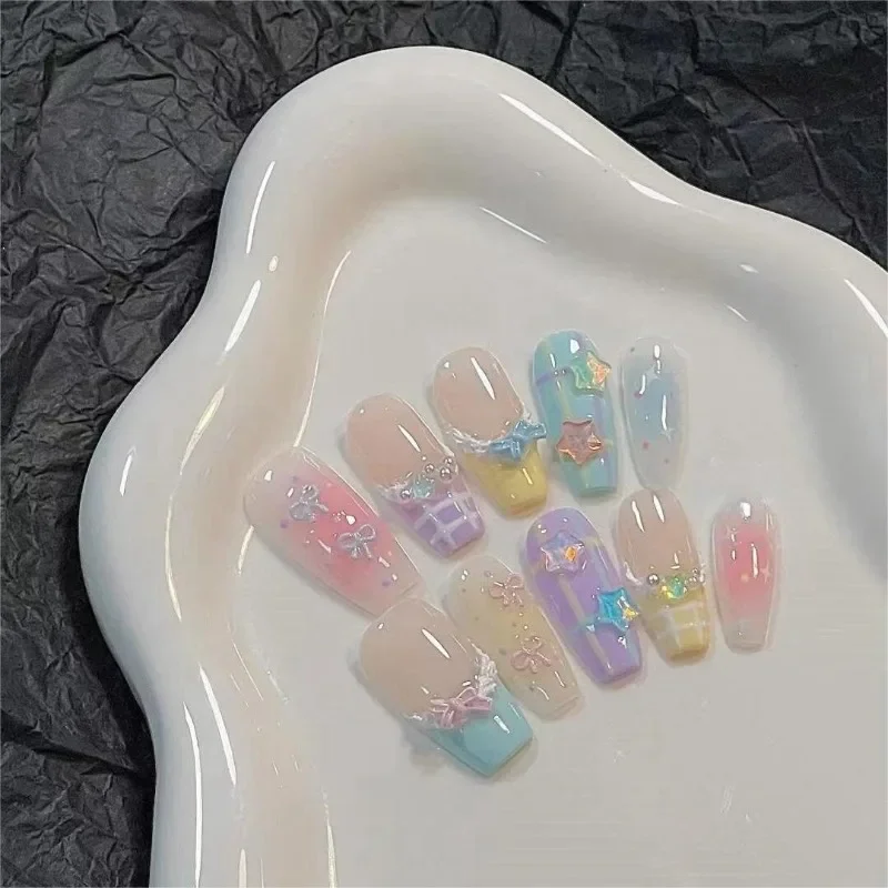 Handmade Fake Nails Summer Stars Cute Nails Press on French Multicolor 3d Decorated Stick-on False Nails Tips with Box and Tools