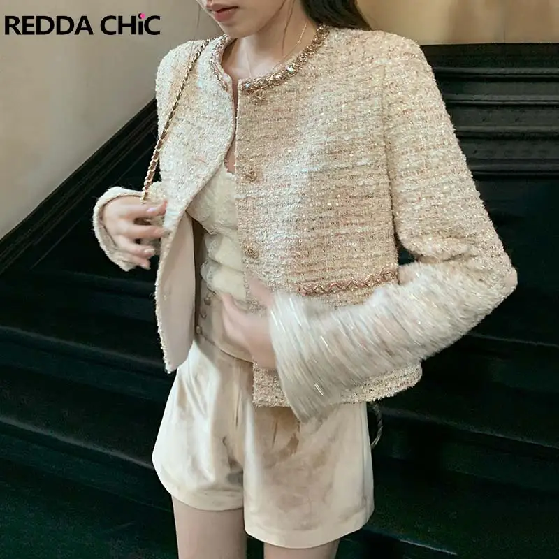 ReddaChic Women Rhinestone Beaded Collarless Tweed Jacket Fall New Shiny Sequine Button Front Slim Fit Jacket Lounge Outwear