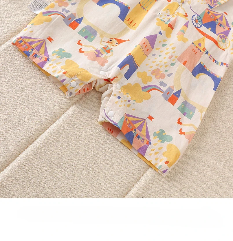 Sommerlicher ärmelloser Baby-Strampler mit Schloss- und Clown-Print, im Wald-Stil, mit breiten Trägern, für Kleinkinder, niedliche Babykleidung – Detail 7