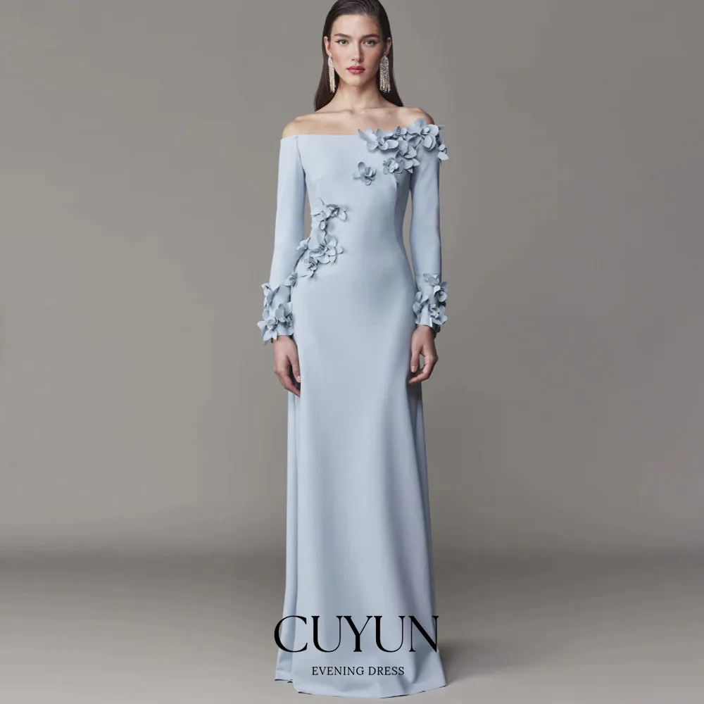 

CUYUN Blue Boat Neck Formal Evening Gown Appliques Long Sleeves Party Gown Customized A Line Wedding Party Gown for Guest